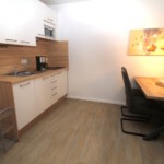 Küchenzeile mit Cerankochfeld, Kühlschrank mit Gefrierfach, Mikrowelle und Geschirrspüler